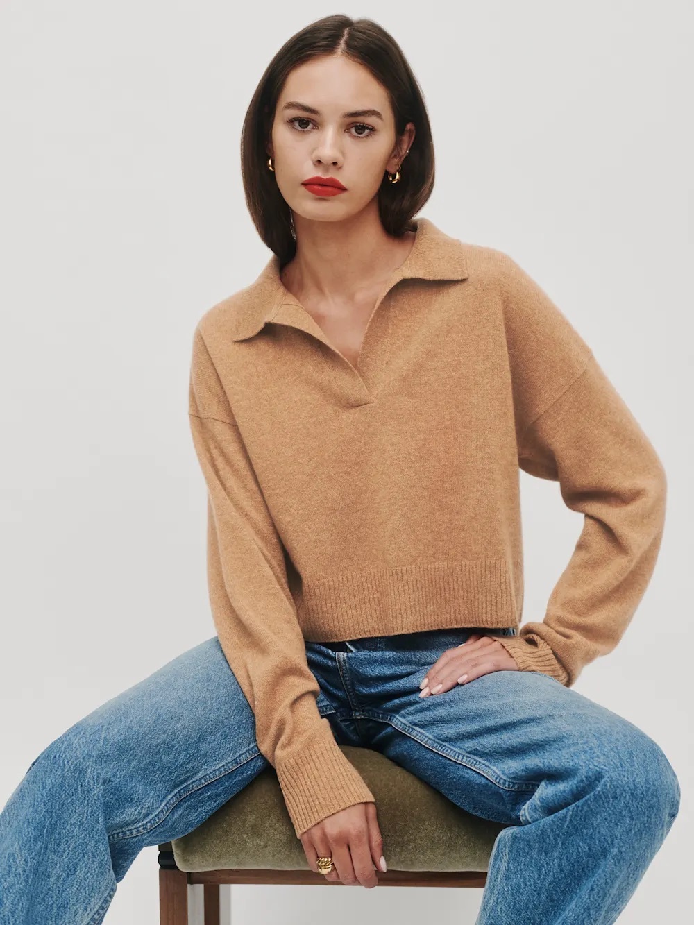 Reformation Cashmere V Neck Polo Sweater in Camel Size Small